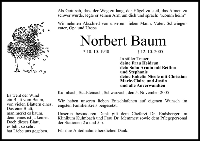 Norbert Baum Traueranzeige Trauer Infranken De