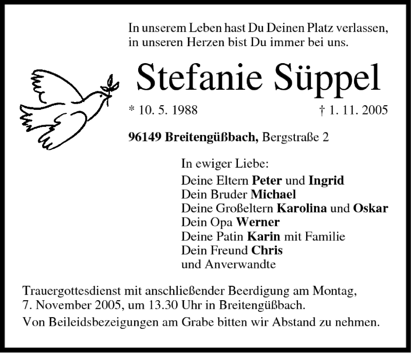  Traueranzeige für Stefanie Süppel vom 05.11.2005 aus MGO