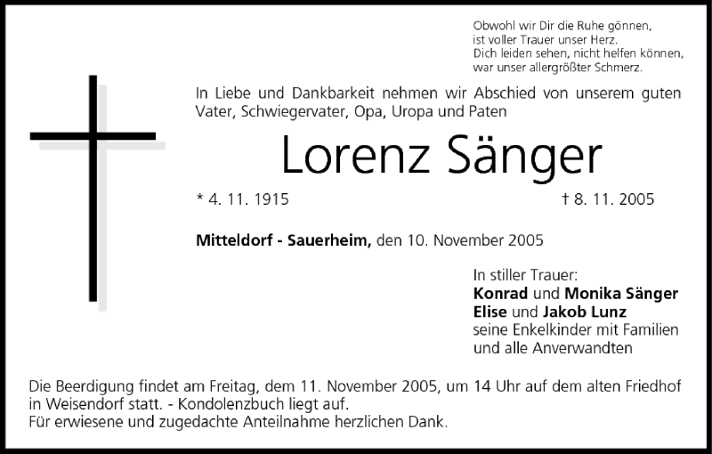 Lorenz Sänger Traueranzeige trauer.inFranken.de