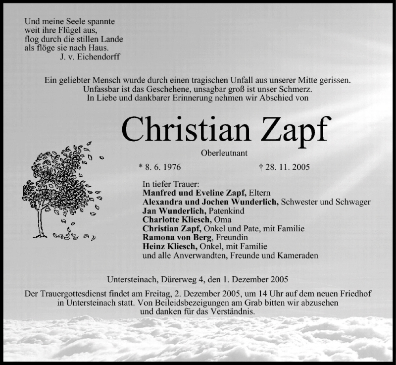  Traueranzeige für Christian Zapf vom 01.12.2005 aus MGO