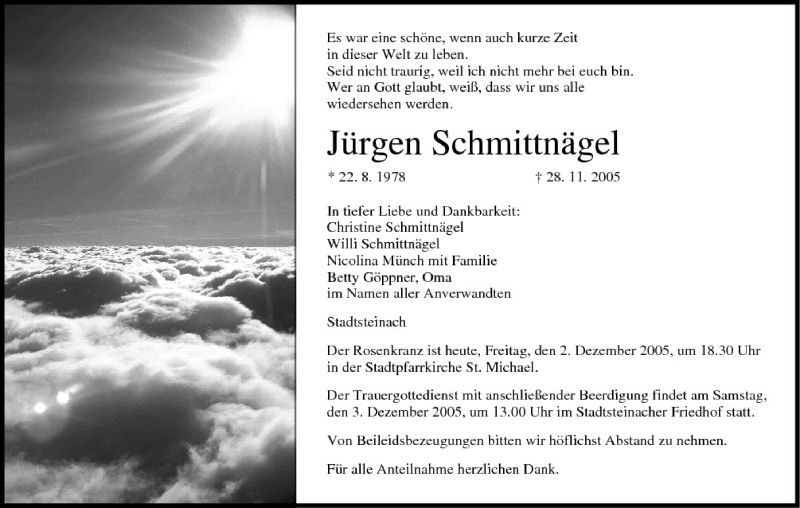  Traueranzeige für Jürgen Schmittnägel vom 02.12.2005 aus MGO