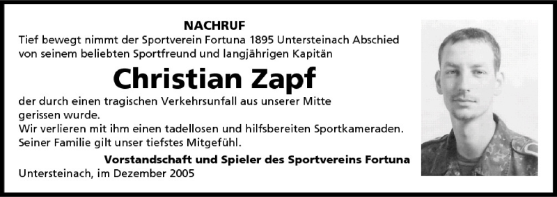  Traueranzeige für Christian Zapf vom 02.12.2005 aus MGO