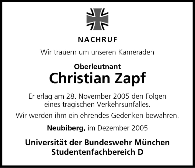 Traueranzeige für Christian Zapf vom 02.12.2005 aus MGO