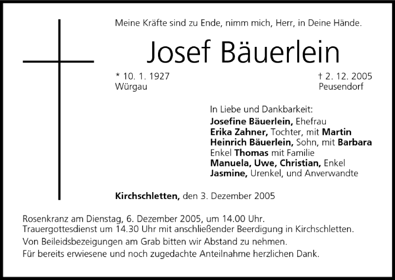  Traueranzeige für Josef Bäuerlein vom 03.12.2005 aus MGO