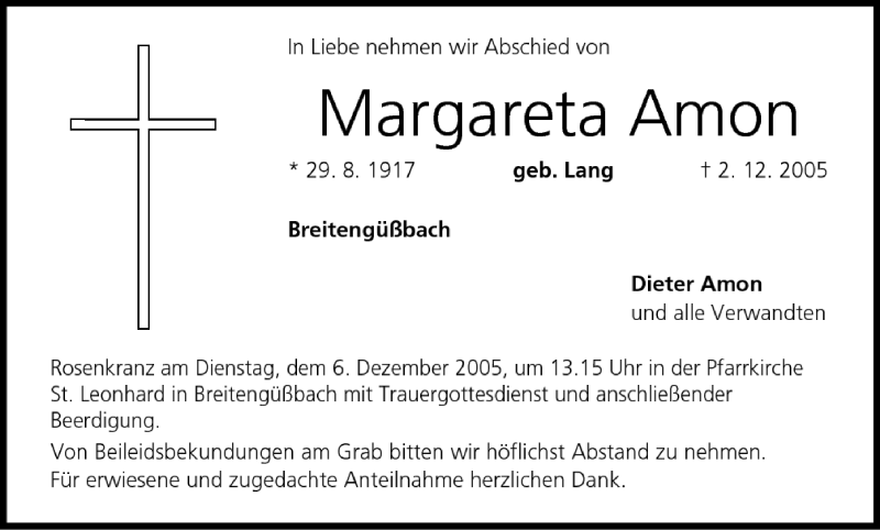  Traueranzeige für Margareta Amon vom 03.12.2005 aus MGO
