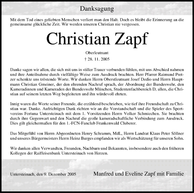  Traueranzeige für Christian Zapf vom 09.12.2005 aus MGO