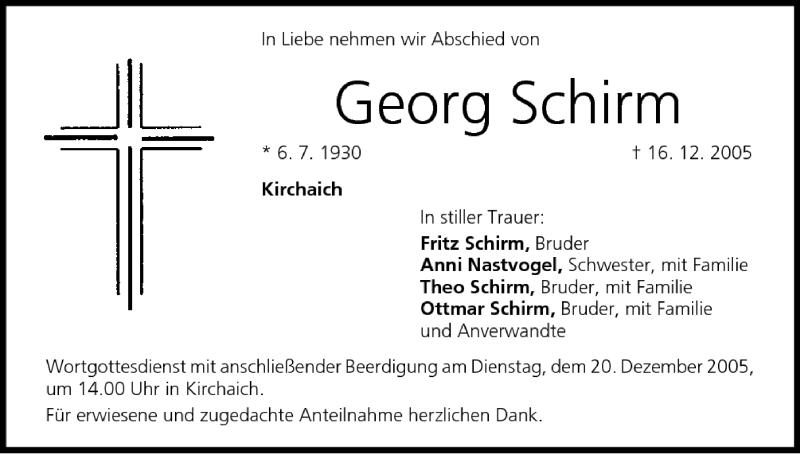 Traueranzeige für Georg Schirm vom 17.12.2005 aus MGO