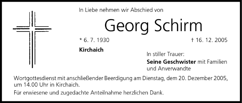 Traueranzeige für Georg Schirm vom 17.12.2005 aus MGO