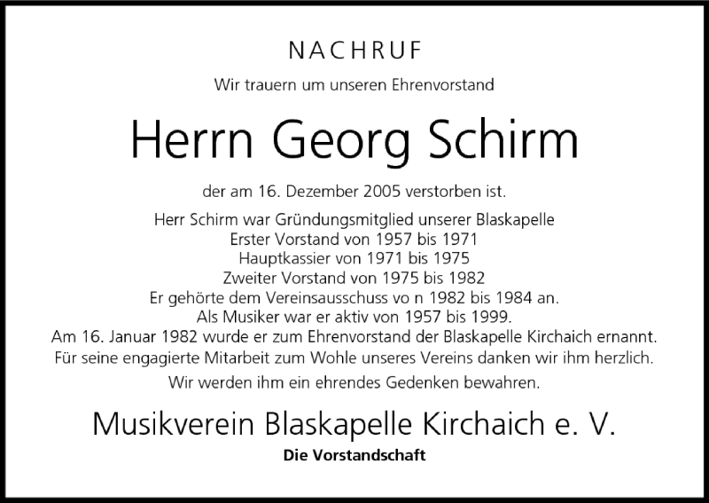  Traueranzeige für Georg Schirm vom 19.12.2005 aus MGO
