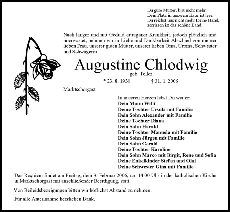  Traueranzeige für Augustine Chlodwig vom 02.02.2006 aus MGO