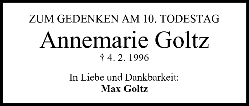  Traueranzeige für Annemarie Goltz vom 04.02.2006 aus MGO