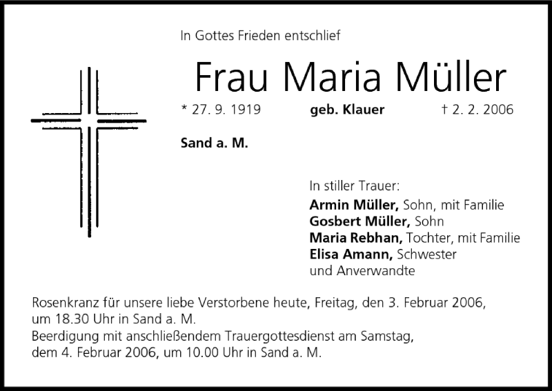  Traueranzeige für Maria Müller vom 03.02.2006 aus MGO