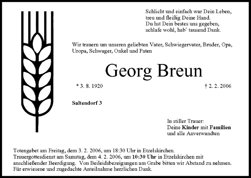  Traueranzeige für Georg Breun vom 03.02.2006 aus MGO