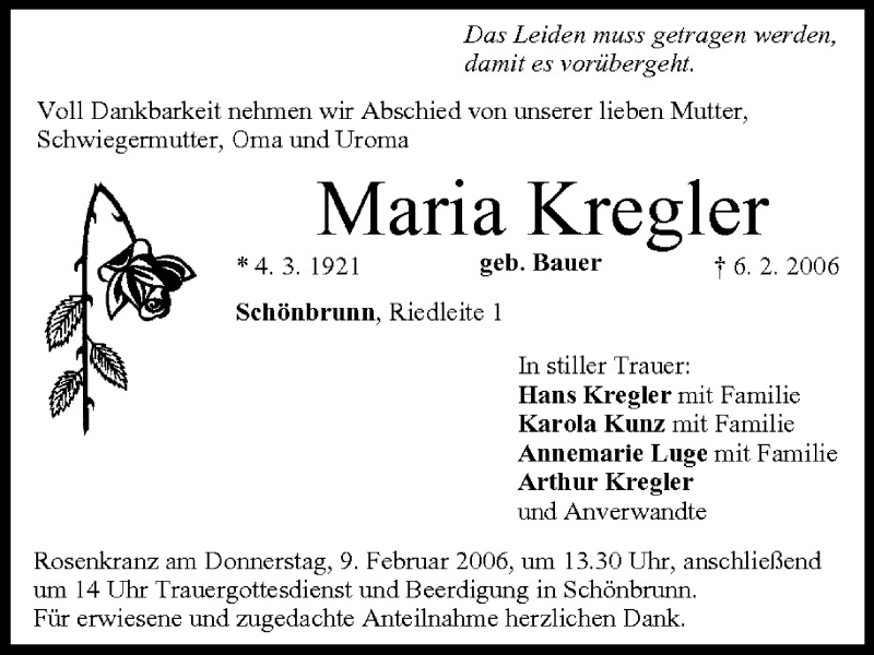 Traueranzeige für Maria Kregler vom 07.02.2006 aus MGO