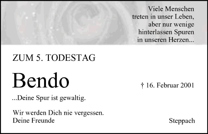  Traueranzeige für Bendo  vom 16.02.2006 aus MGO