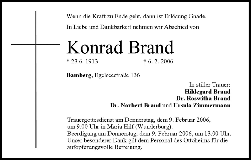  Traueranzeige für Konrad Brand vom 08.02.2006 aus MGO