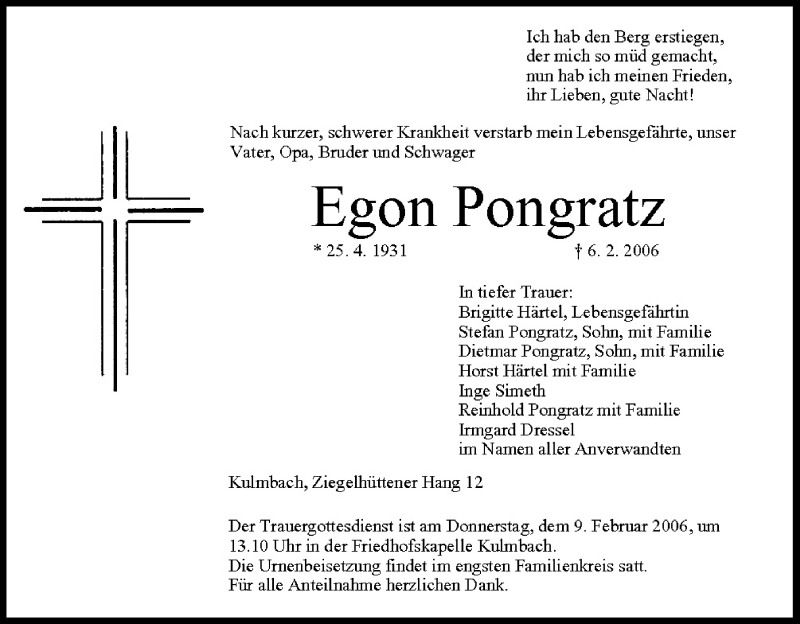  Traueranzeige für Egon Pongratz vom 08.02.2006 aus MGO