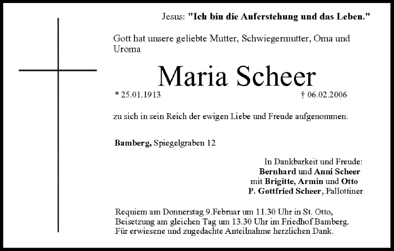  Traueranzeige für Maria Scheer vom 08.02.2006 aus MGO