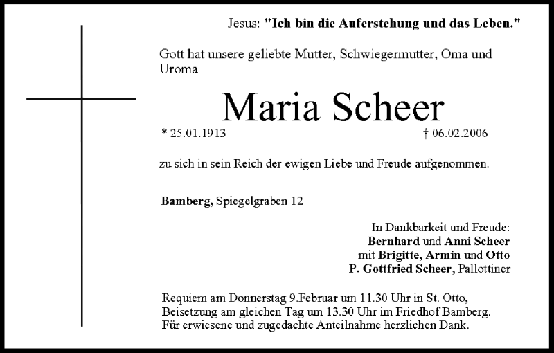  Traueranzeige für Maria Scheer vom 08.02.2006 aus MGO