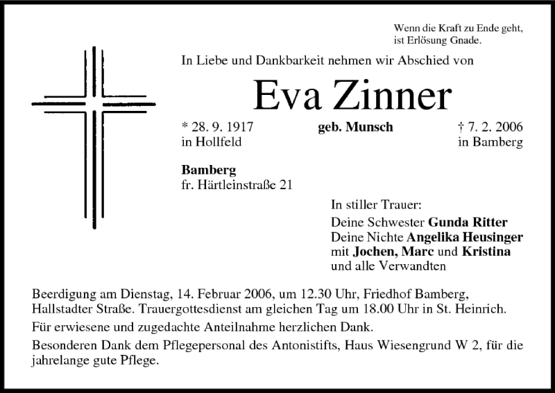  Traueranzeige für Eva Zinner vom 11.02.2006 aus MGO