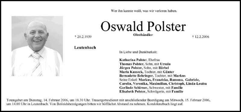  Traueranzeige für Oswald Polster vom 13.02.2006 aus MGO