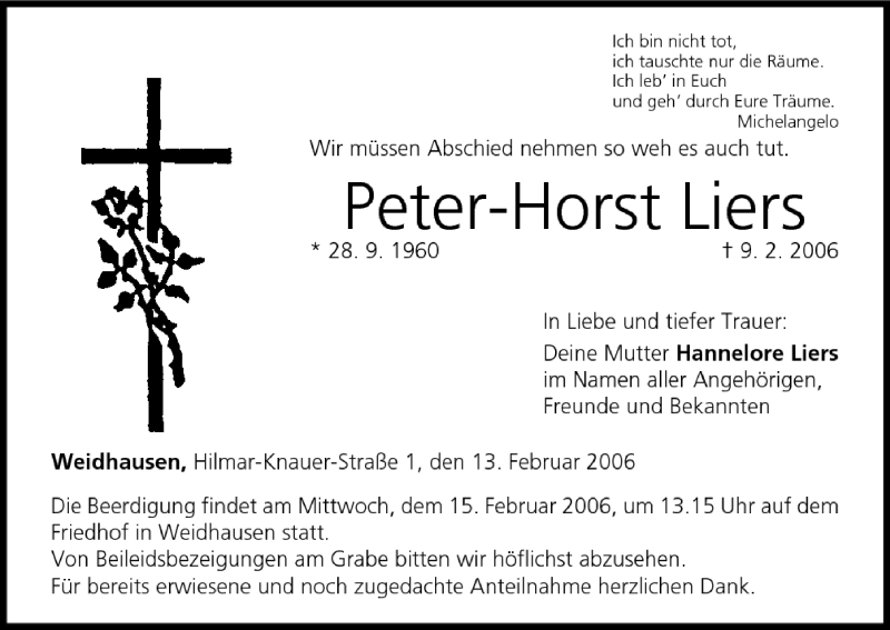  Traueranzeige für Peter-Horst Liers vom 13.02.2006 aus MGO