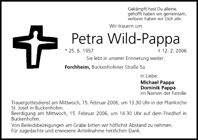  Traueranzeige für Petra Wild-Pappa vom 14.02.2006 aus MGO