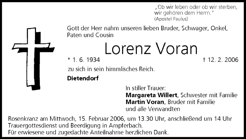  Traueranzeige für Lorenz Voran vom 14.02.2006 aus MGO