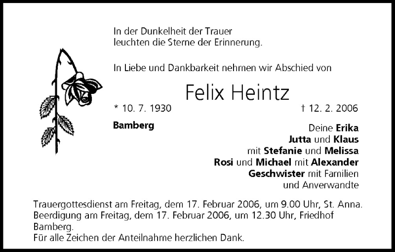  Traueranzeige für Felix Heintz vom 15.02.2006 aus MGO