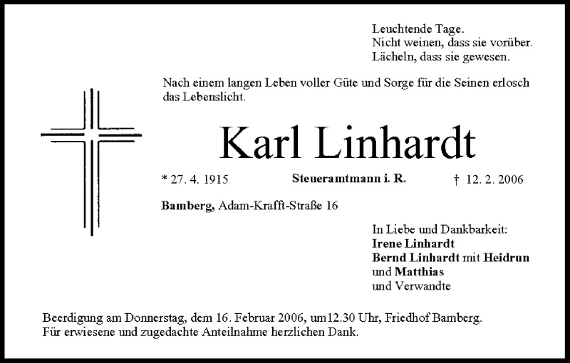 Traueranzeige für Karl Linhardt vom 14.02.2006 aus MGO