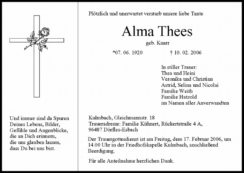  Traueranzeige für Alma Thees vom 16.02.2006 aus MGO