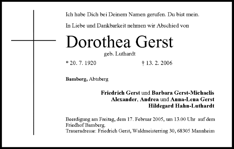  Traueranzeige für Dorothea Gerst vom 16.02.2006 aus MGO