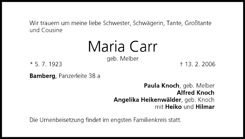  Traueranzeige für Maria Carr vom 17.02.2006 aus MGO