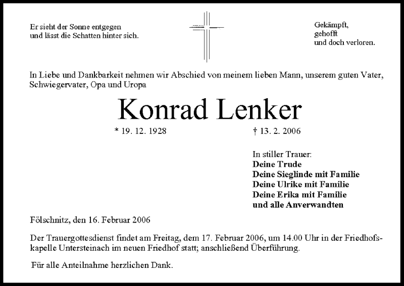  Traueranzeige für Konrad Lenker vom 16.02.2006 aus MGO