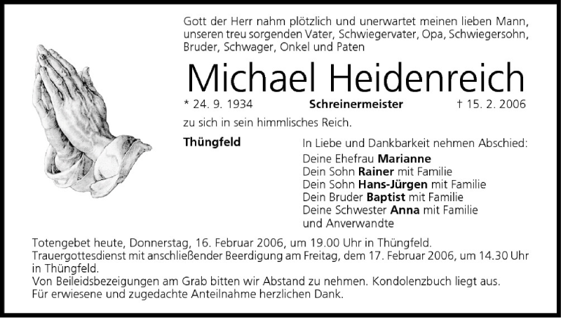  Traueranzeige für Michael Heidenreich vom 16.02.2006 aus MGO