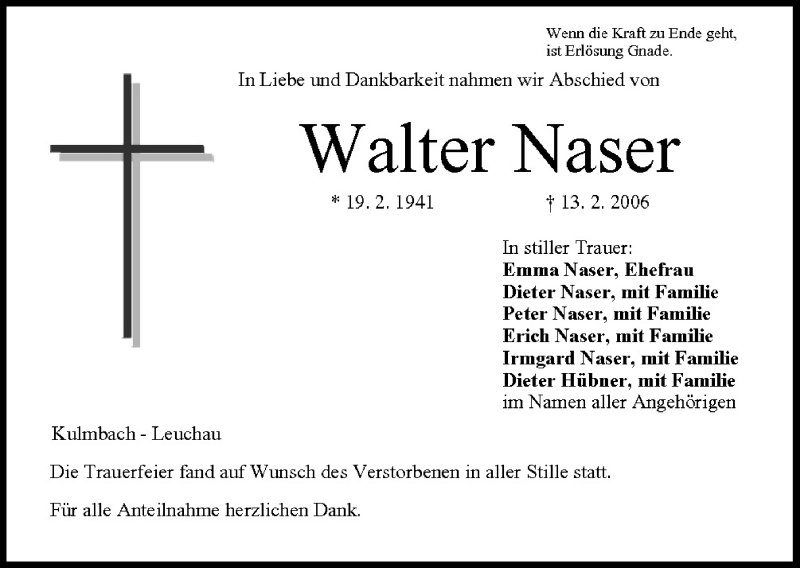  Traueranzeige für Walter Naser vom 17.02.2006 aus MGO