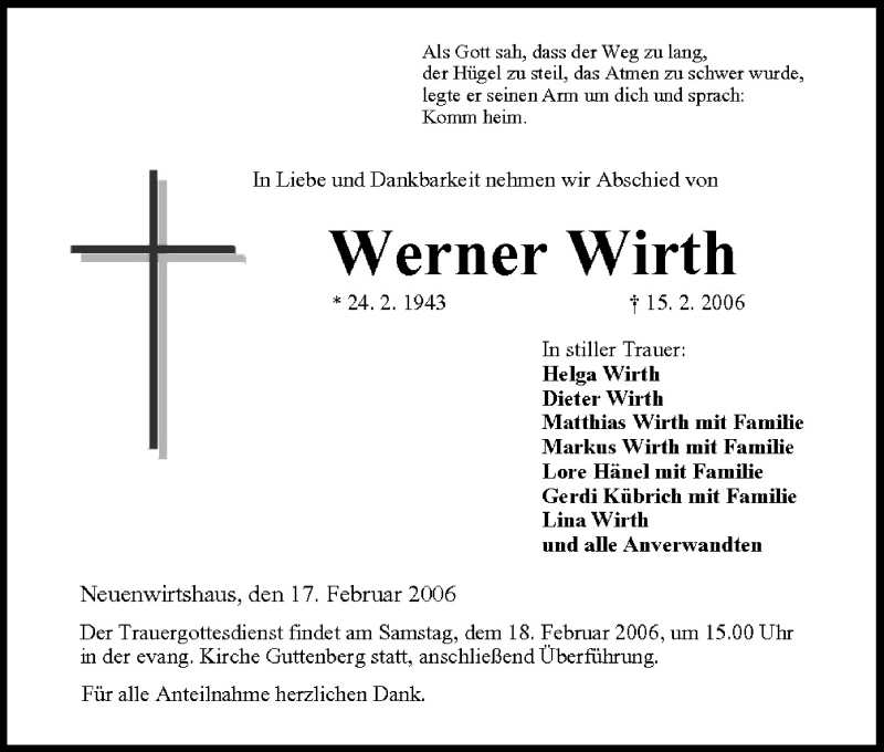  Traueranzeige für Werner Wirth vom 17.02.2006 aus MGO