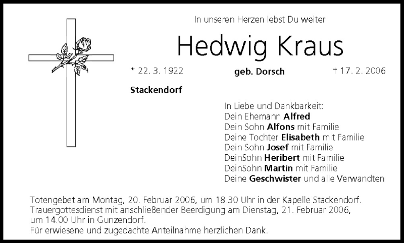  Traueranzeige für Hedwig Kraus vom 18.02.2006 aus MGO