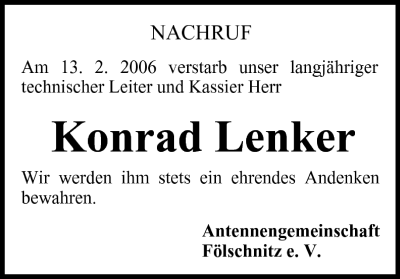 Traueranzeige für Konrad Lenker vom 18.02.2006 aus MGO