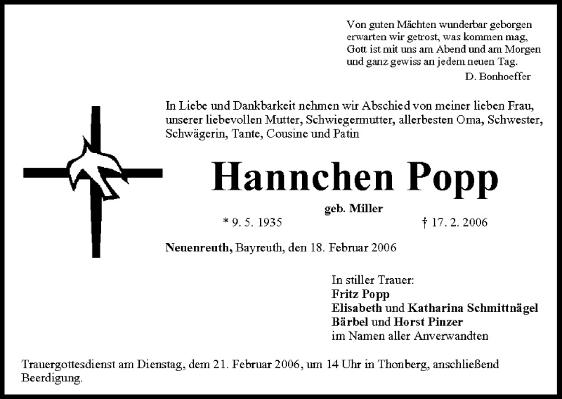  Traueranzeige für Hannchen Popp vom 18.02.2006 aus MGO