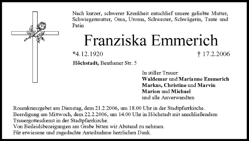  Traueranzeige für Franziska Emmerich vom 18.02.2006 aus MGO