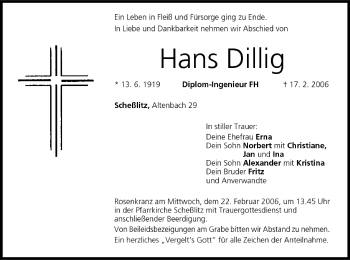 Anzeige von Hans Dillig von MGO