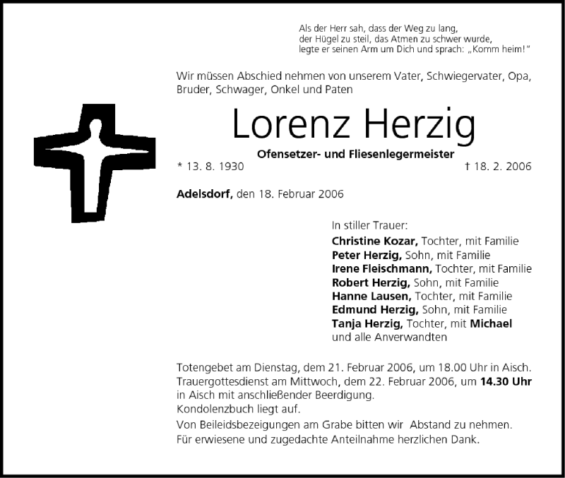  Traueranzeige für Lorenz Herzig vom 20.02.2006 aus MGO