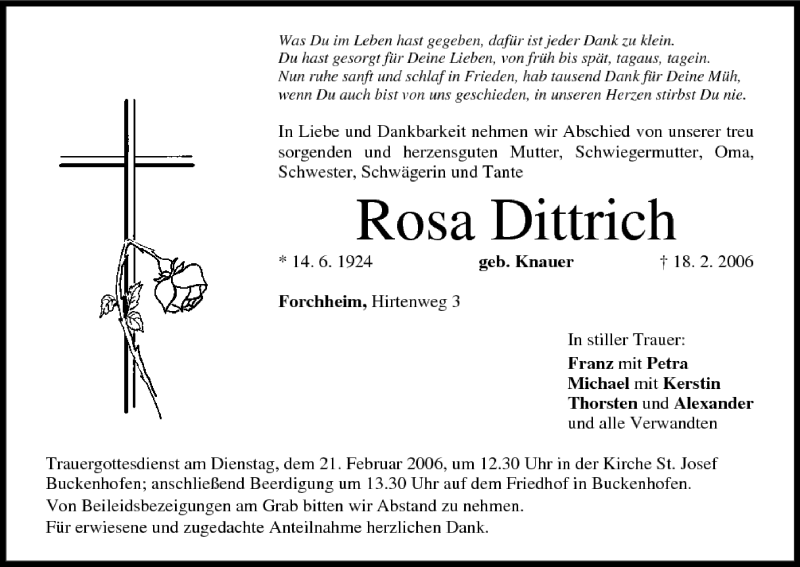  Traueranzeige für Rosa Dittrich vom 20.02.2006 aus MGO