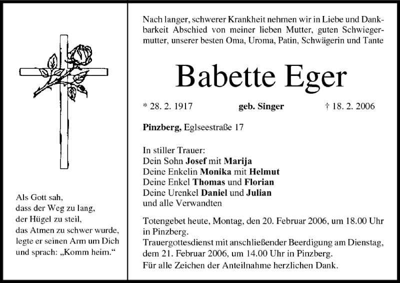  Traueranzeige für Babette Eger vom 20.02.2006 aus MGO