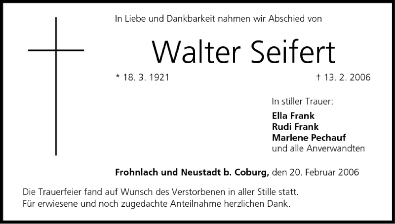  Traueranzeige für Walter Seifert vom 20.02.2006 aus MGO
