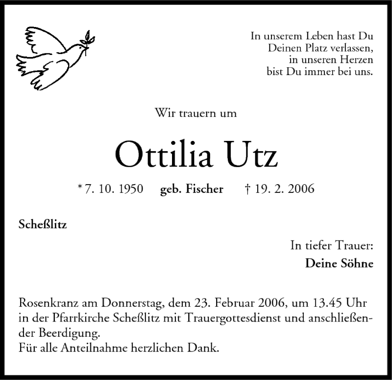  Traueranzeige für Ottilia Utz vom 21.02.2006 aus MGO