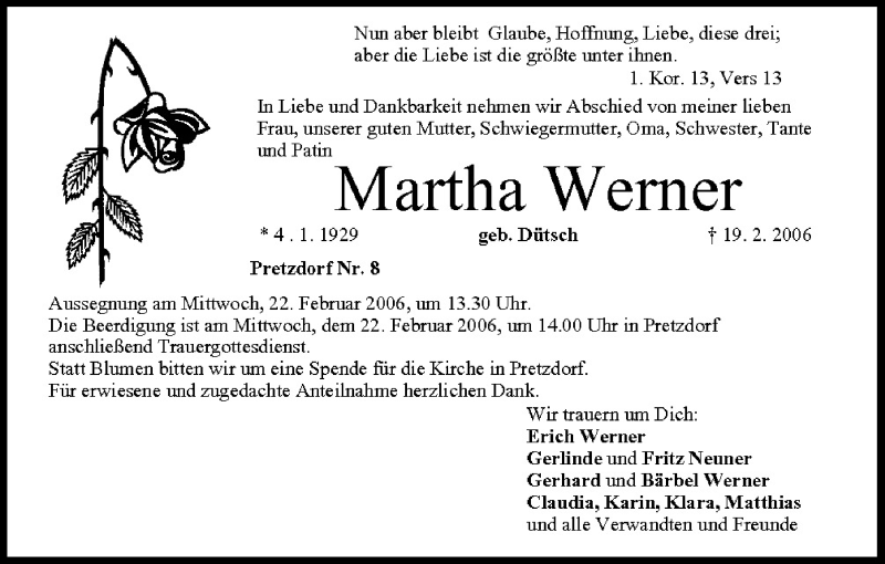  Traueranzeige für Martha Werner vom 21.02.2006 aus MGO