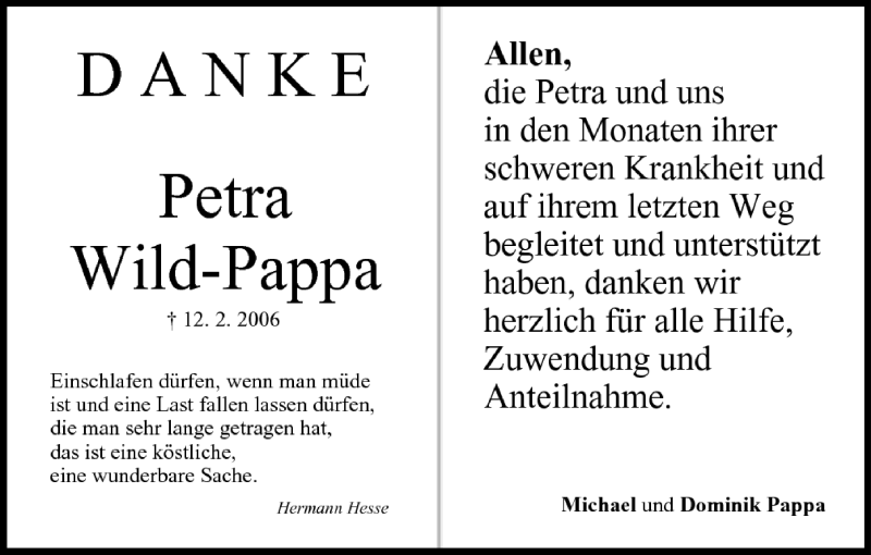  Traueranzeige für Petra Wild-Pappa vom 22.02.2006 aus MGO