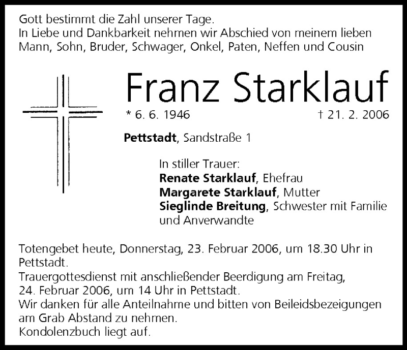  Traueranzeige für Franz Starklauf vom 23.02.2006 aus MGO